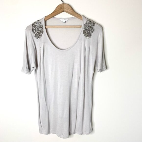 Calvin Klein Women's Embellished Shoulder T-Shirt Short Sleeve Oversized Grey - Picture 2 of 14